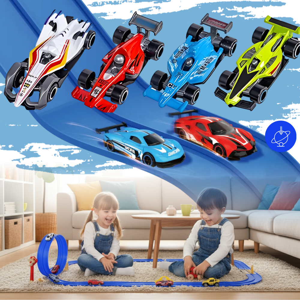 Circuit de course flexible à 2 voies pour enfants, véhicules de jeu Valchemist, avec piste colorée et voitures amusantes.