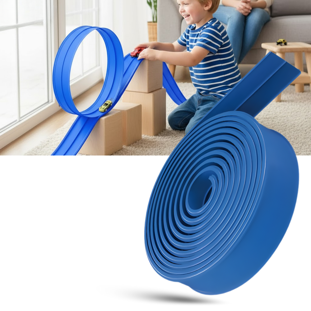 Pista de corrida flexível com 2 vias para carros de brinquedo Valchemist, ideal para diversão infantil com veículos de jogo.