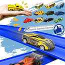 Circuit de course flexible à 2 voies pour voitures de jeu pour enfants, avec véhicules Valchemist sur une piste colorée.