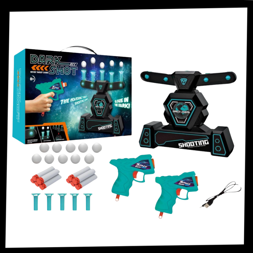 Jogo de tiro com bolas flutuantes e luminosas da marca Ticoze, brinquedo de armas e gadgets para diversão infantil.