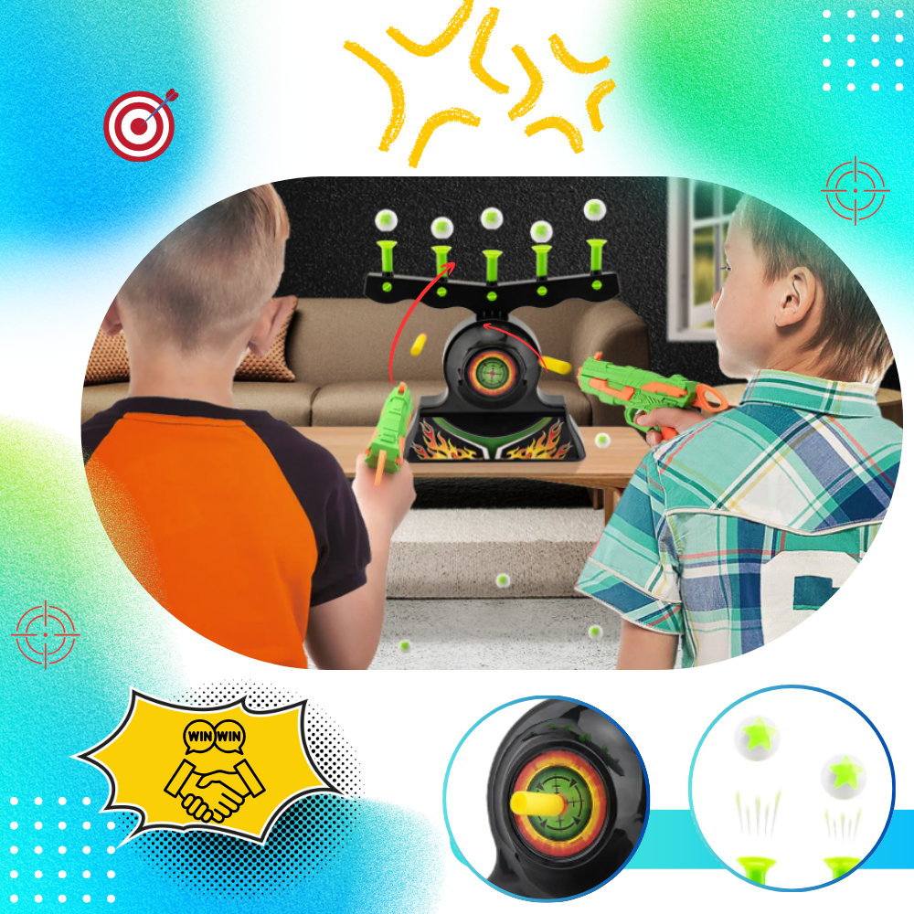 Jogo de tiro com bolas flutuantes iluminadas, brinquedo de armas e gadgets da marca Ticoze com destaque na imagem.