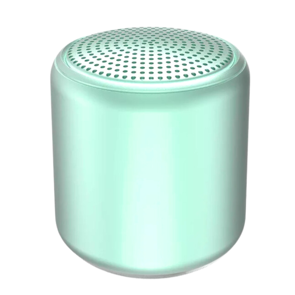 Mini alto-falante Bluetooth Floepx com graves profundos, componente de áudio em acabamento cinza cimento.