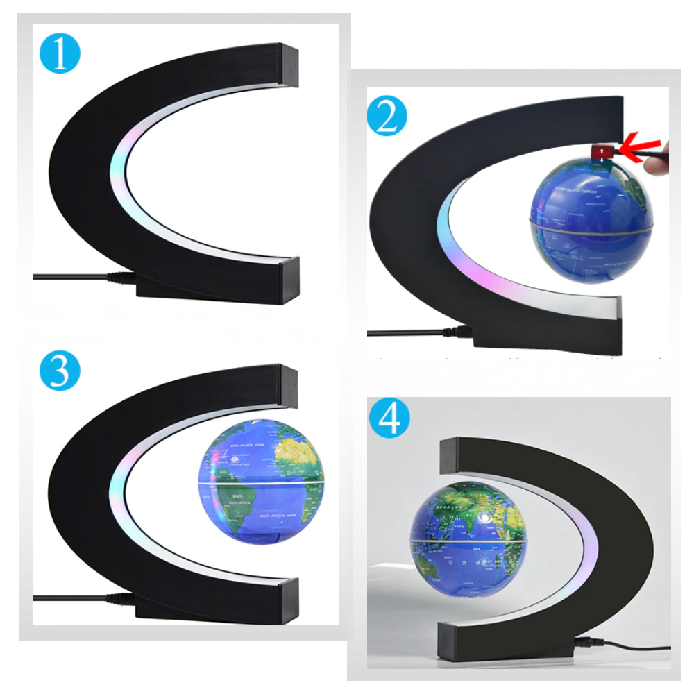 Globo terrestre magnético com LED em levitação da Floorora, em acabamento preto, mostrando detalhes do mapa mundial.