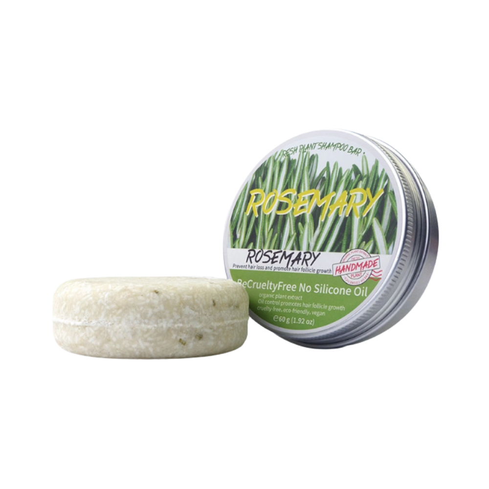 Shampoing au romarin Fly Sunton para cuidado capilar, frasco com rótulo verde e detalhes brancos, textura de shampoo.