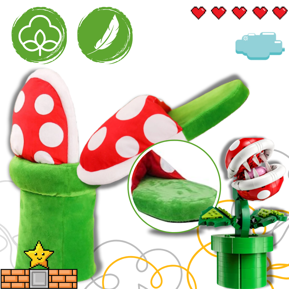 Pantuflas de pelúcia com tema de Planta Piranha de Mario, modelo Focusnorm, calçado confortável e divertido.