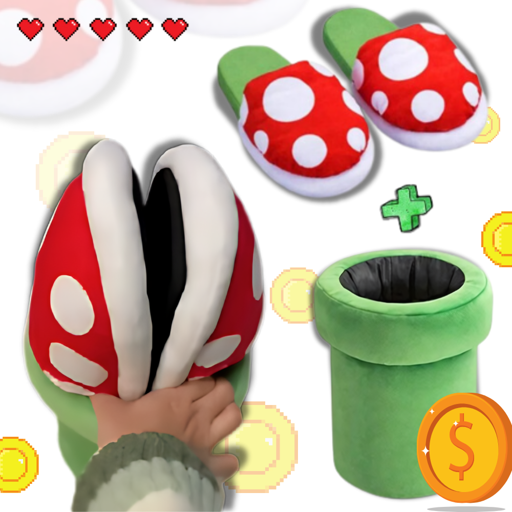 Pantuflas de pelúcia com tema planta piranha de Mario, calçados confortáveis da Focusnorm com detalhes divertidos.