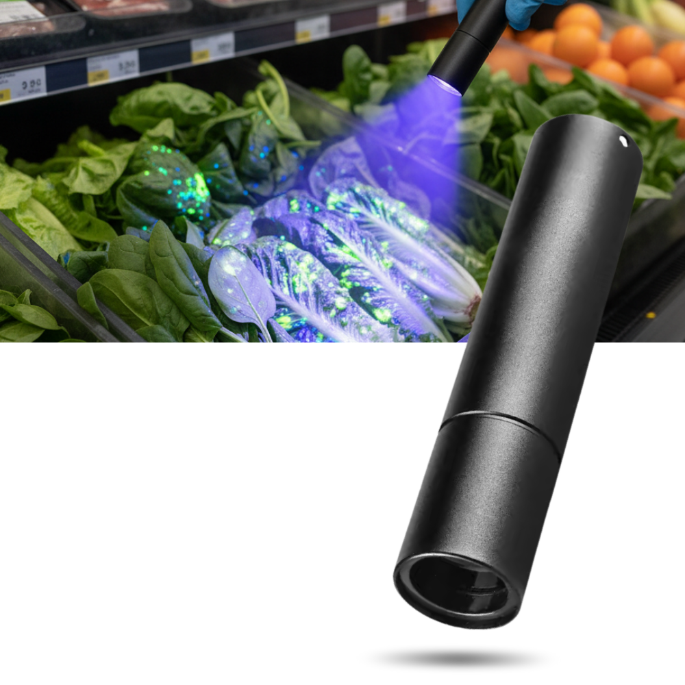 Lâmpada UV multiuso Yiwula para inspeção de alimentos na área de restauração, destacando a luz ultravioleta para verificar higiene.