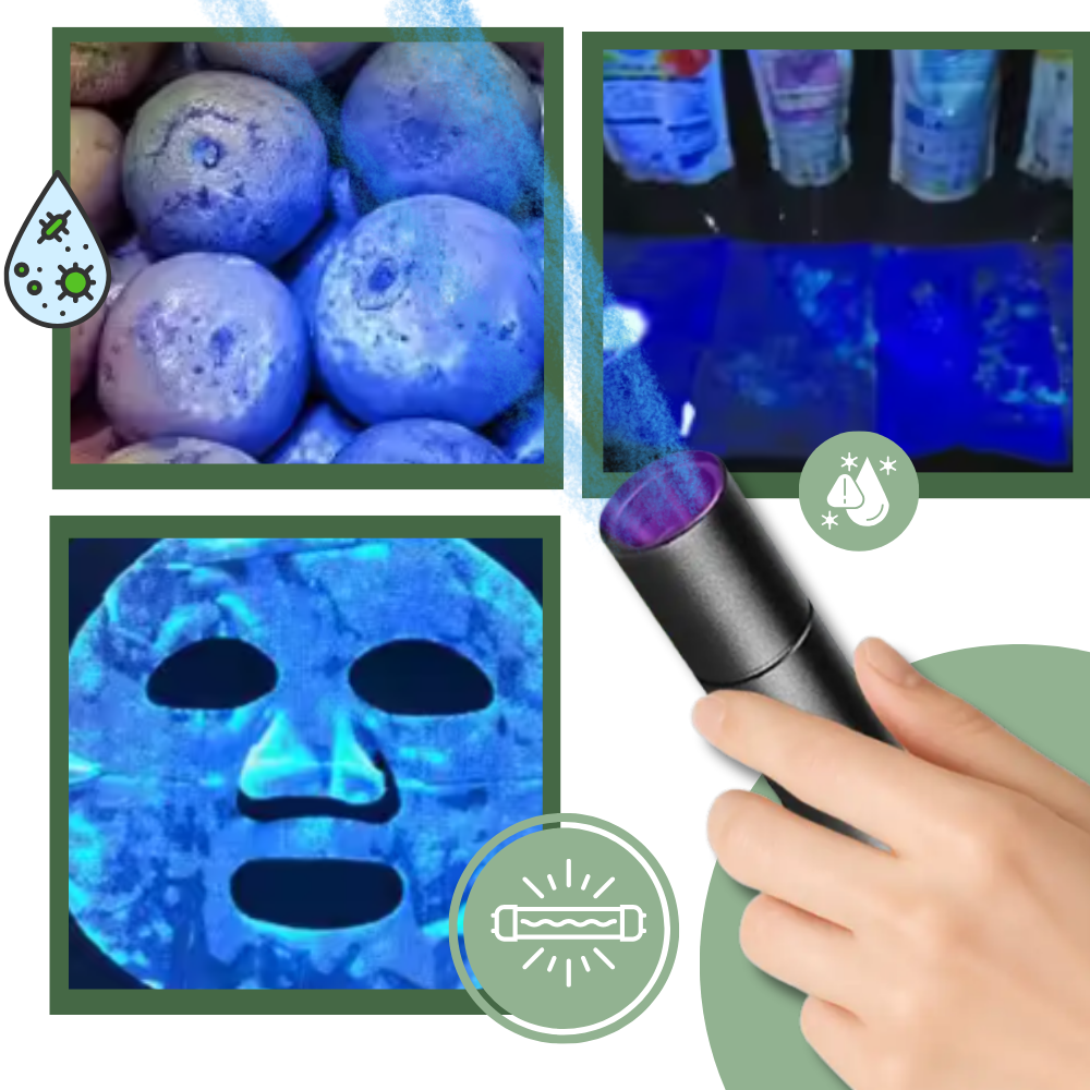 Lâmpada UV de uso múltiplo para inspeção de alimentos, marca Yiwula, destacando superfícies com luz ultravioleta.