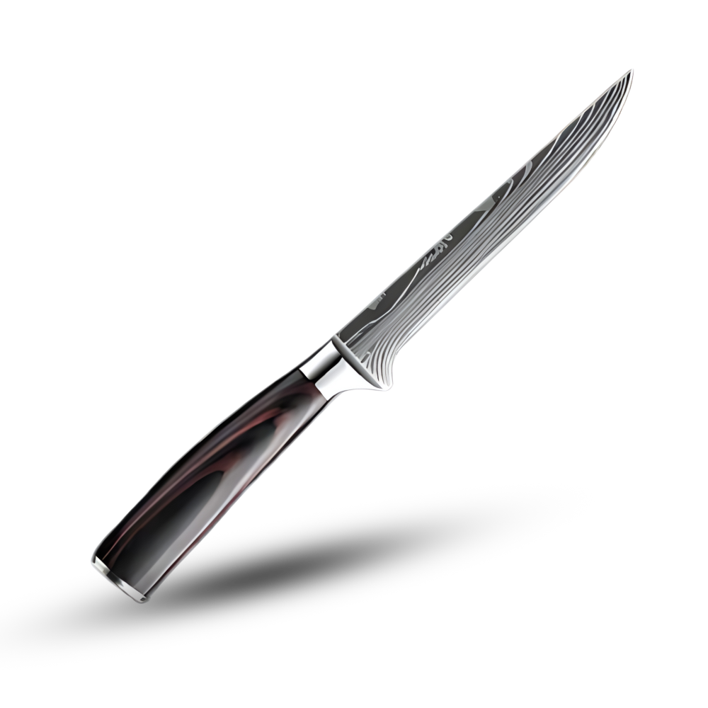 Faca japonesa de cozinha Mdhand com lâmina de madeira de Pakka, ideal para filetar e cortar alimentos com precisão.