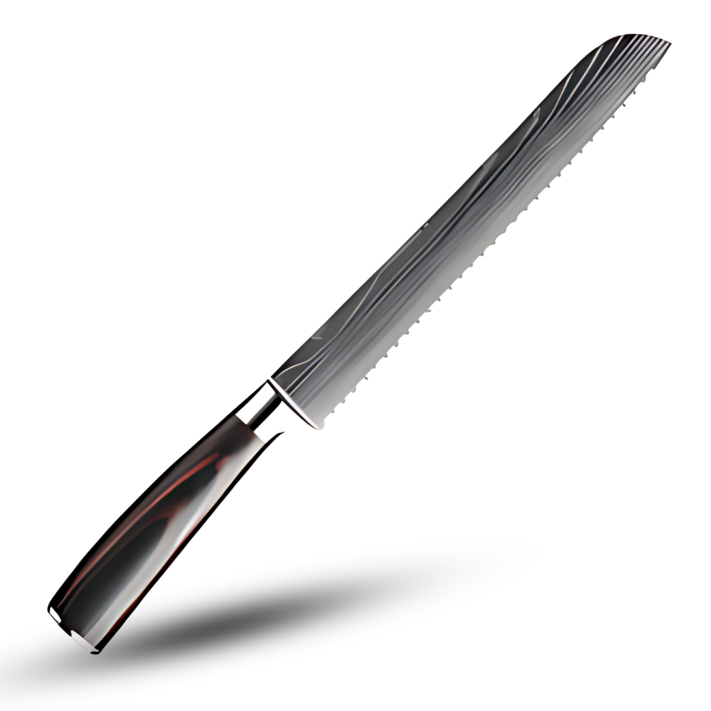 Faca japonesa de cozinha Mdhand com lâmina em madeira de Pakka, ideal para cortar pães e alimentos com precisão e estilo.