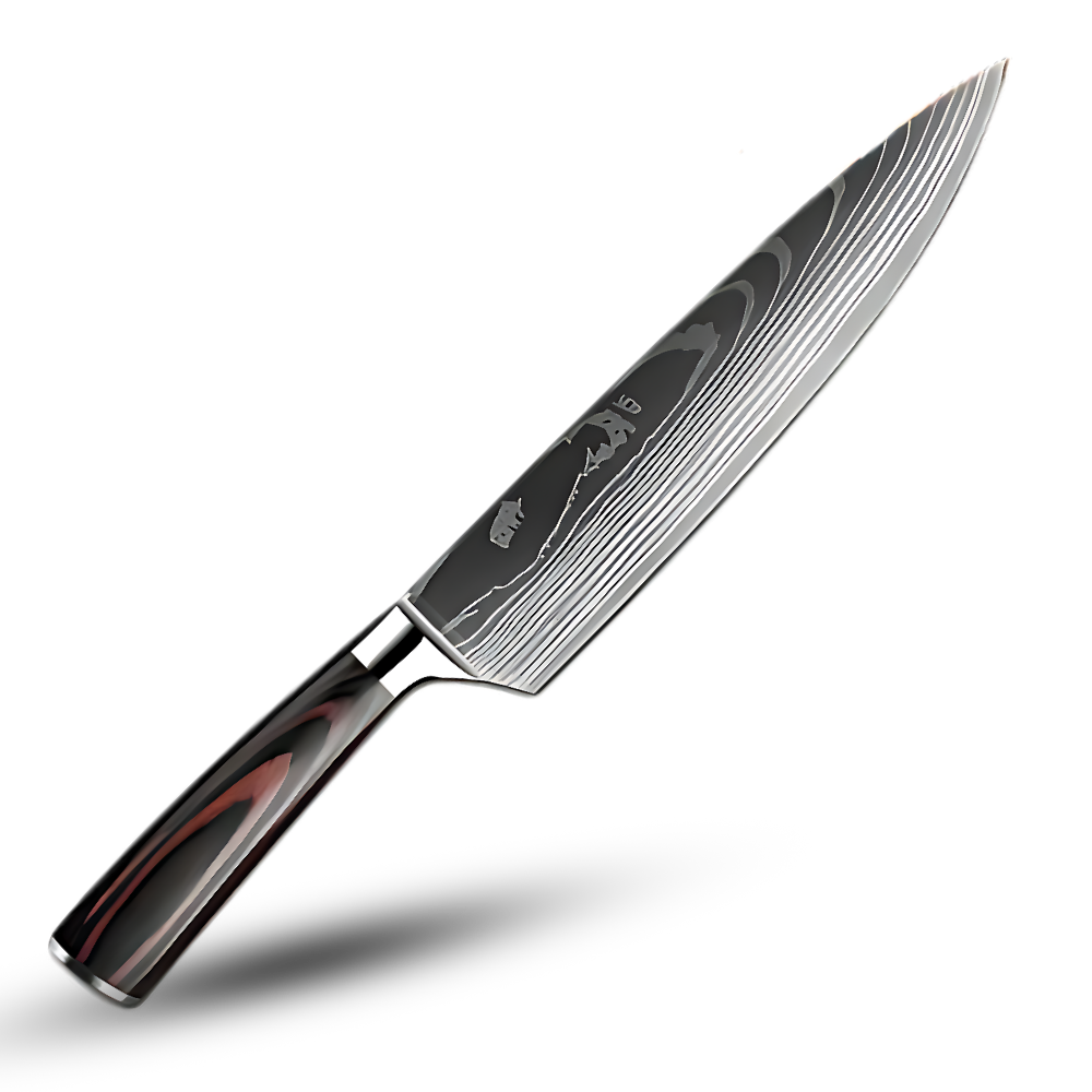Faca japonesa de chef Mdhand com lâmina afiada e empunhadura de madeira de Pakka, ideal para culinária profissional.