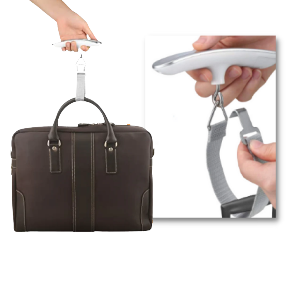Pese-bagagens digital Fosmon, ferramenta de medição para peso de malas, com visor digital e design compacto.