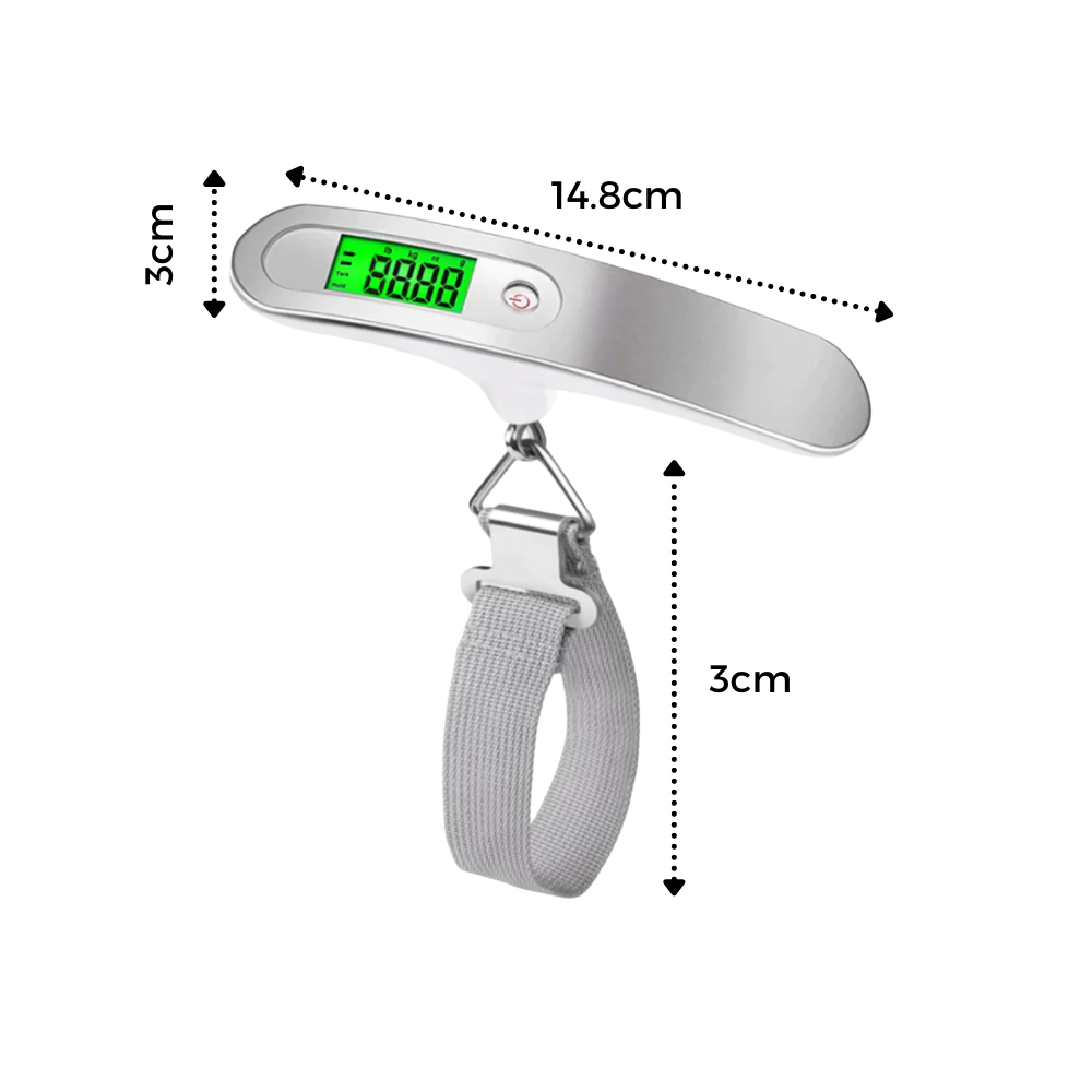 Pese-bagagens digital Fosmon, ferramenta de medição e detector de peso para malas, mostrado com visor digital e estrutura leve