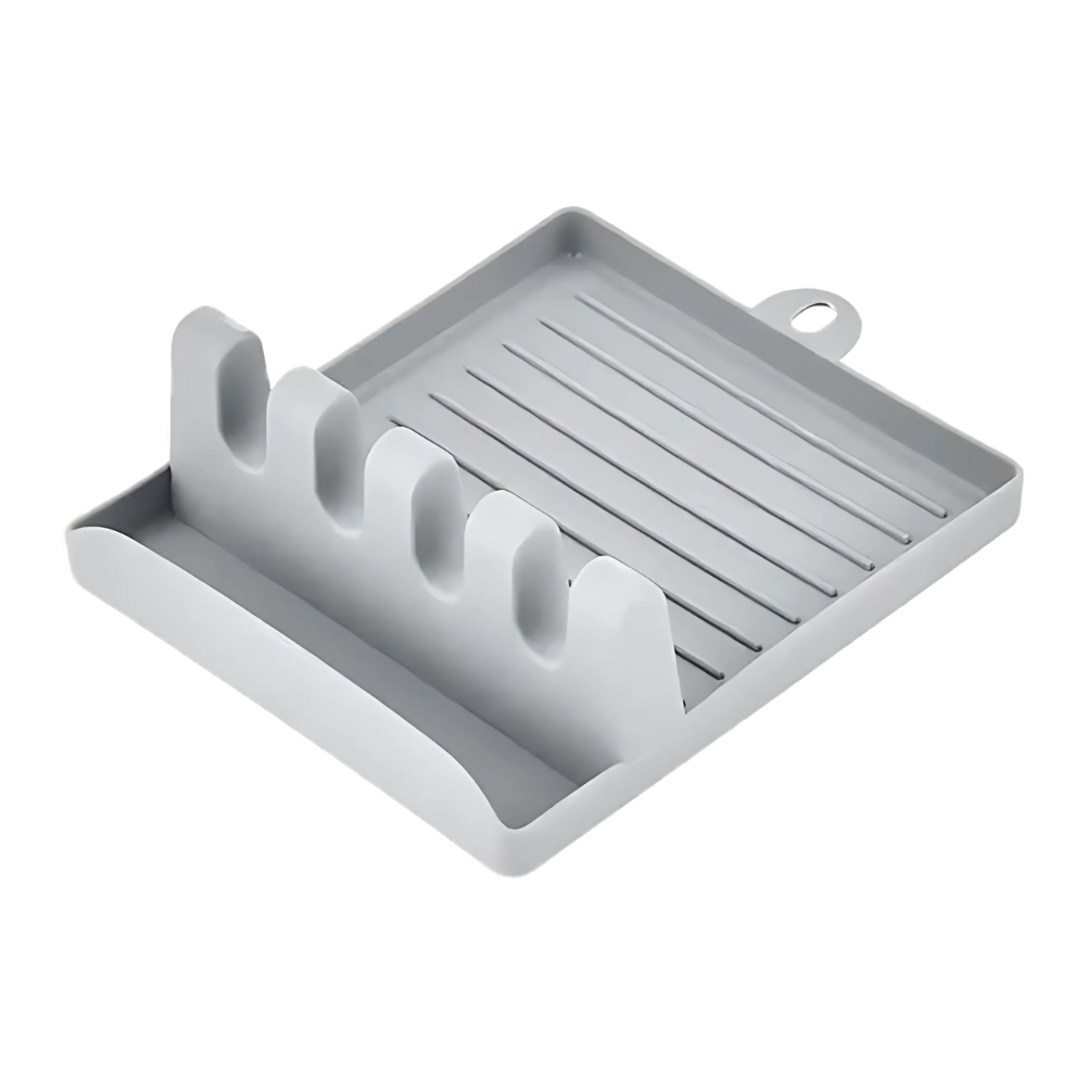 Suporte de spatulas antideslizante Hidyliu com quatro compartimentos, organizador de utensílios de cozinha em cinza.