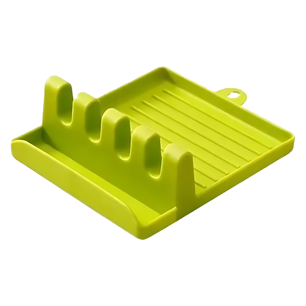 Suporte de spatulas antideslizante Hidyliu com quatro compartimentos verdes para utensílios de cozinha.