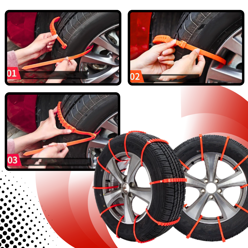 Correntes de neve em nylon da marca Frcolor, peça de reposição para automóveis e motos, visíveis na imagem.