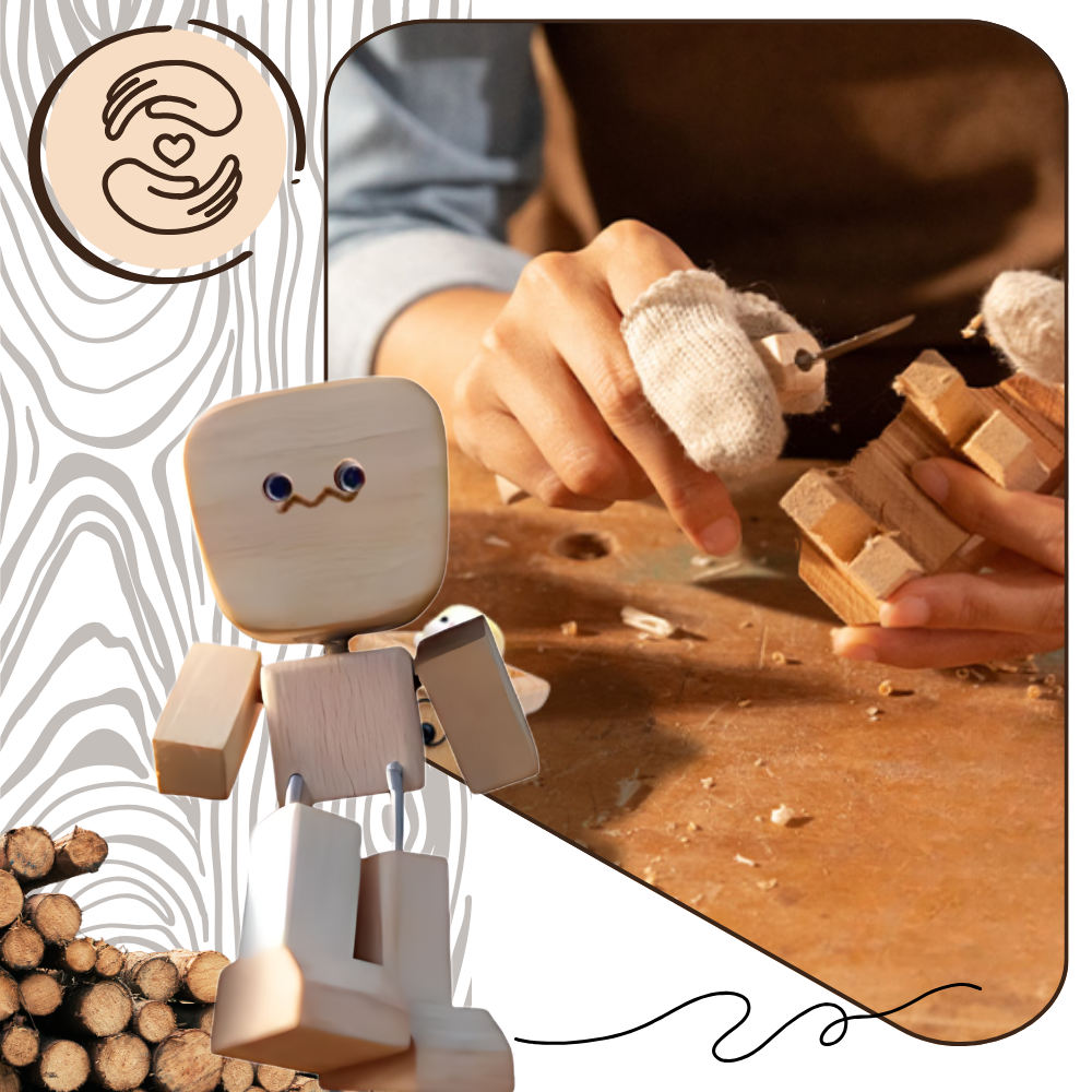 Figurine móvel de homem em madeira da marca Frcolor, com olhos lacrimejantes, parte da coleção de bonecos e figurines.