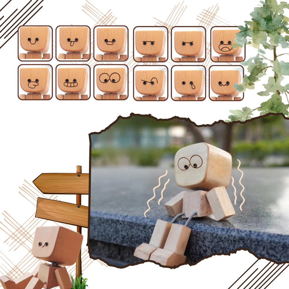 Figurina móvel de homem em madeira da marca Frcolor, com olhos expressivos, parte de coleção de bonecos e figurinas.