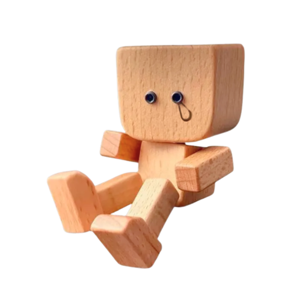 Figurine móvel de homem em madeira da marca Frcolor, com olhos lacrimosos, parte de coleção de bonecos e figurinas.