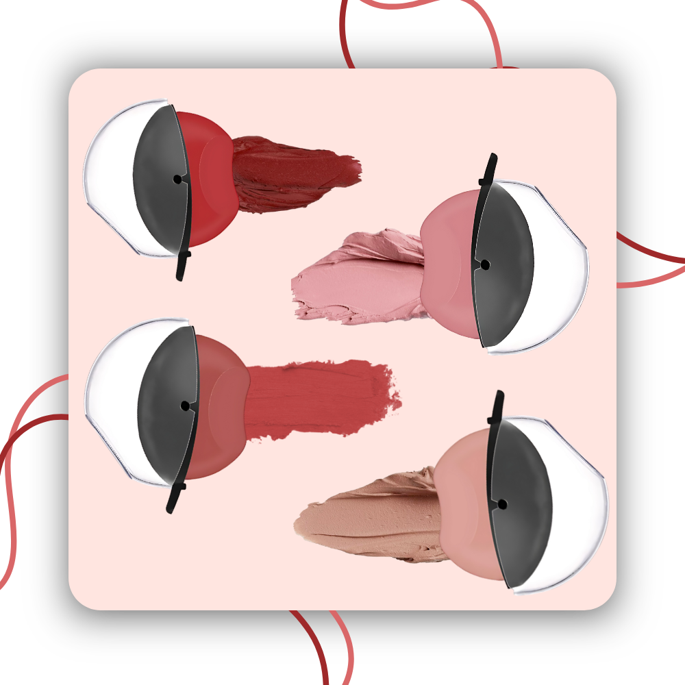 Batom Rouge à lèvres paresseux da Fridja, acabamento matte e veludo, na cor cereja, em embalagem de cosméticos.