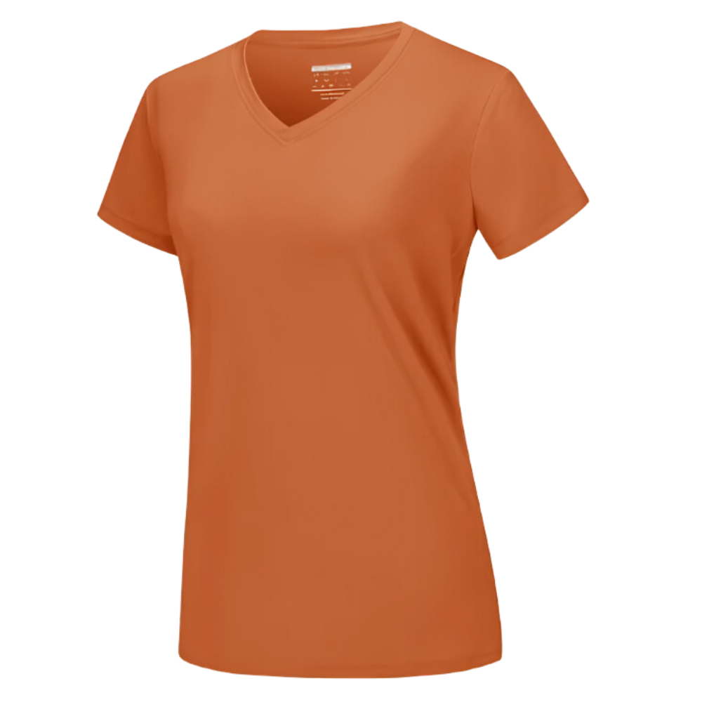 T-shirt feminino da Fruit Of The Loom, col em V, tecido refrescante na cor laranja escuro, ideal para o verão.