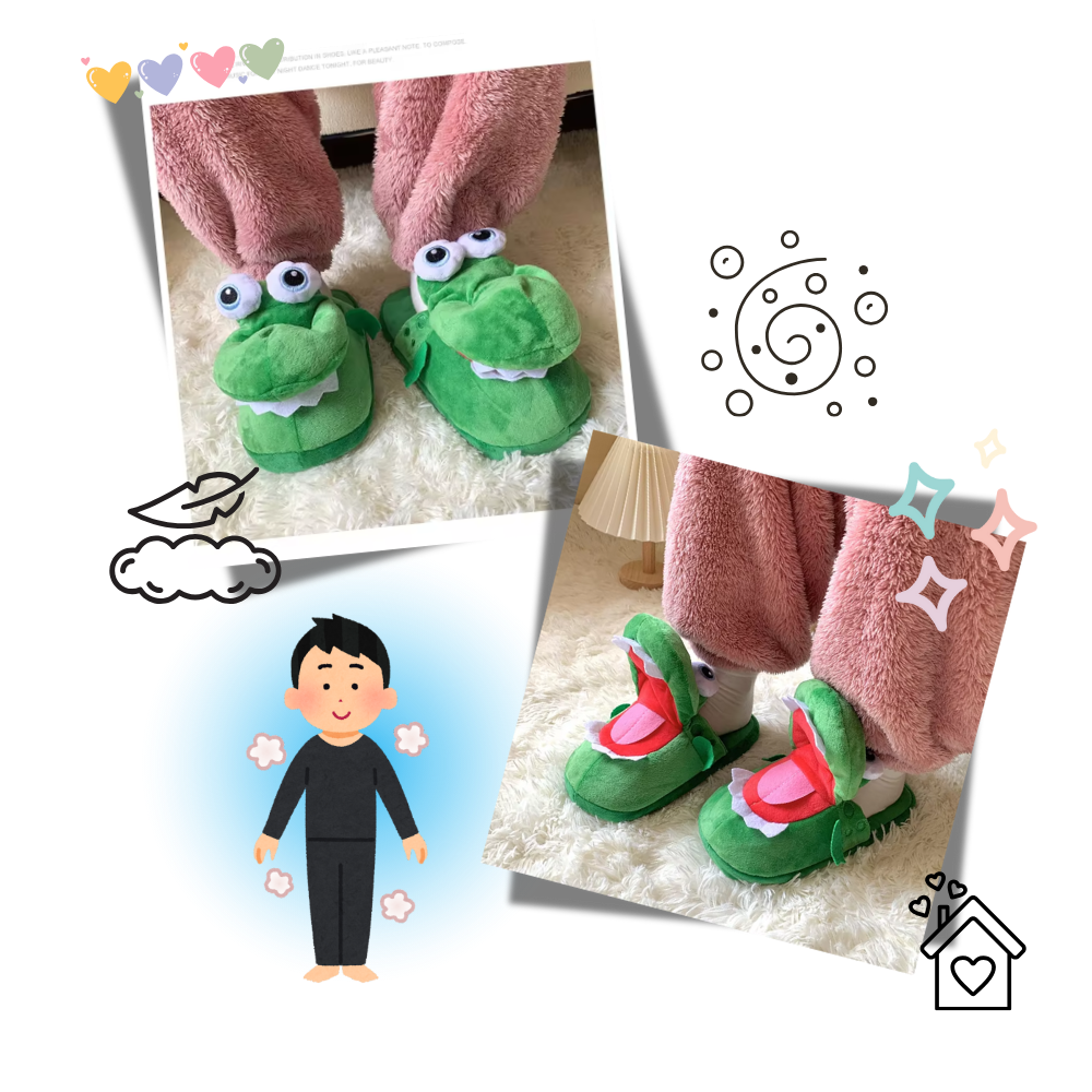Chinelos Crocodilo divertidos e confortáveis da Floepx para uso interno, com design lúdico de crocodilo.