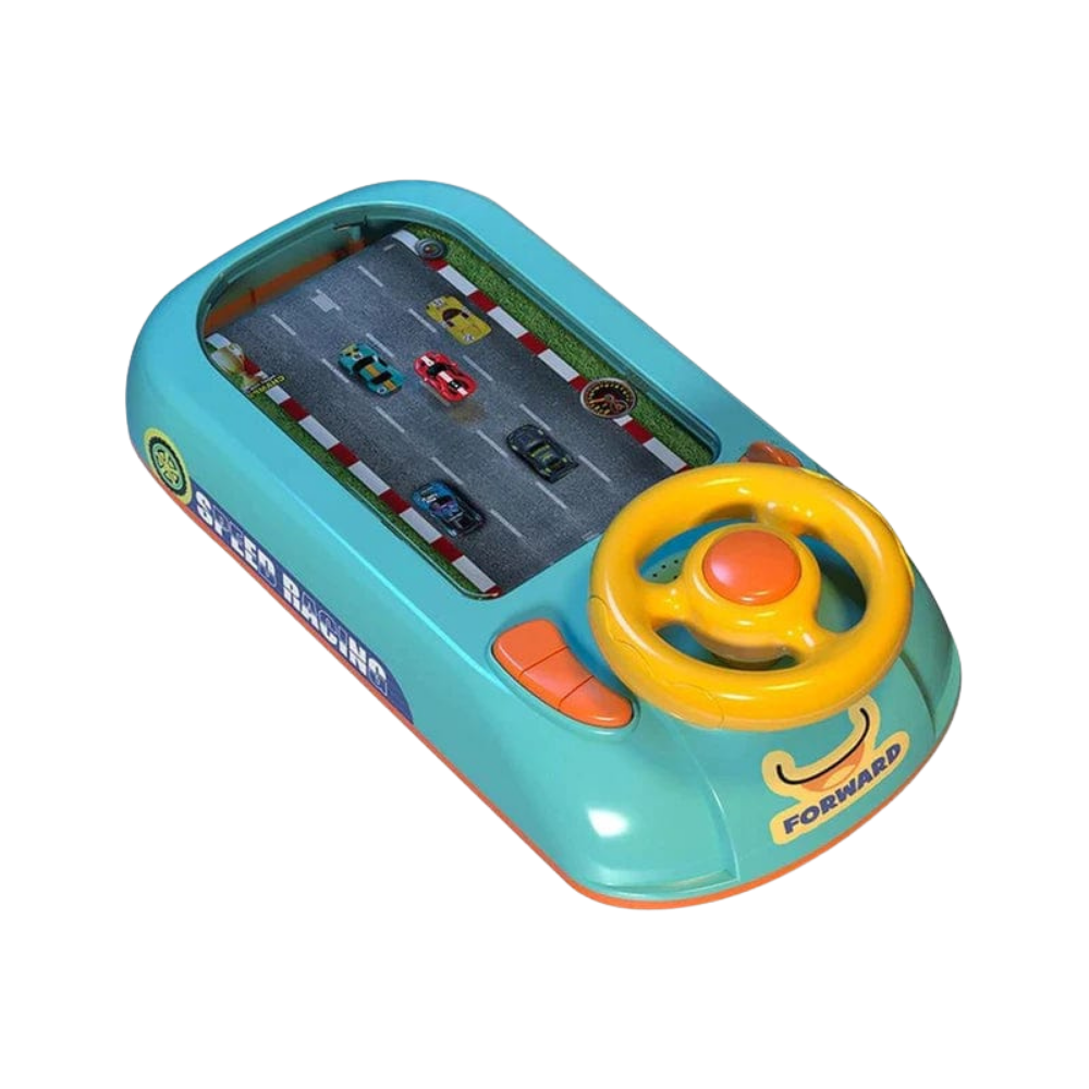 Brinquedo educativo de simulação de direção da marca Cn, com volante e painel verde para aprendizado lúdico.