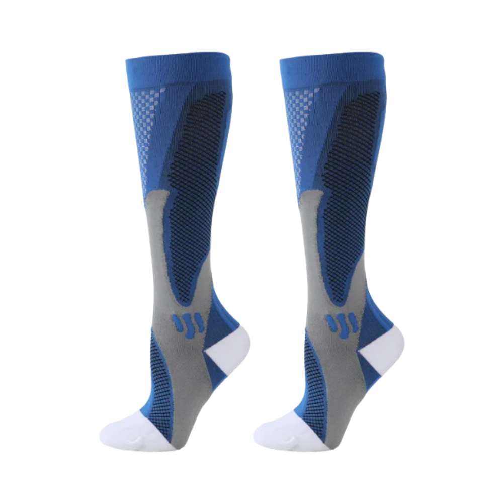 Meias de compressão funcionais e elegantes da Xtf By Extreme Fit em azul, com design moderno para suporte e estilo.