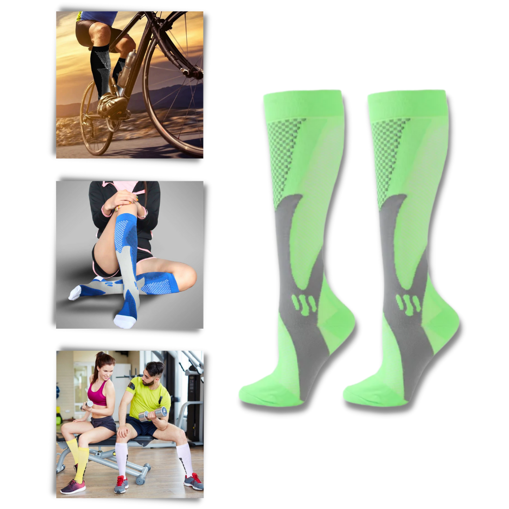 Meias de compressão funcionais e elegantes da marca Xtf by Extreme Fit, com design moderno e detalhes de suporte.