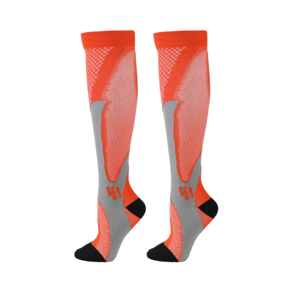 Meias de compressão funcionais e elegantes da Xtf By Extreme Fit na cor laranja, acessório de apoio e manutenção.