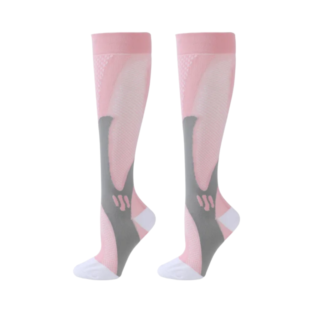 Meias de compressão funcionais e elegantes da Xtf By Extreme Fit na cor rosa, acessórios de suporte e ataduras para conforto e estilo.