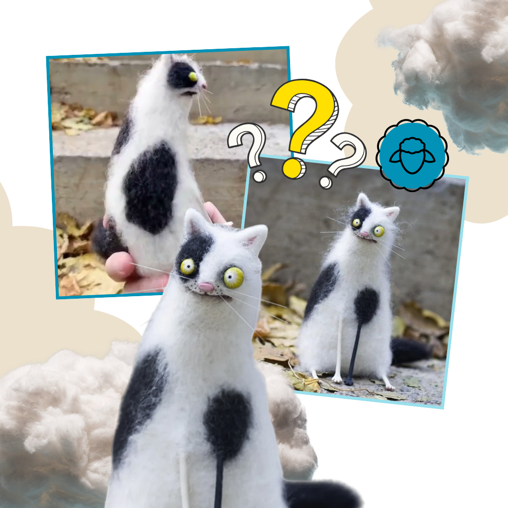 Figura de pelúcia divertida e desalinhada de gato da marca Yiji, decoração lúdica e cheia de personalidade.