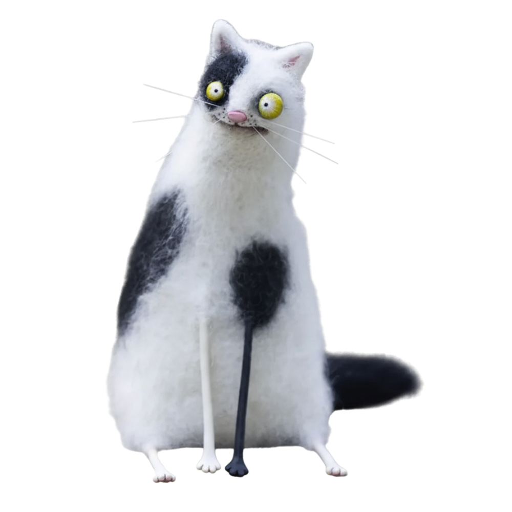 Figurinha de gato em pelúcia divertida e bagunçada da marca Yiji, decorativa e espiçosa para ambientes alegres.