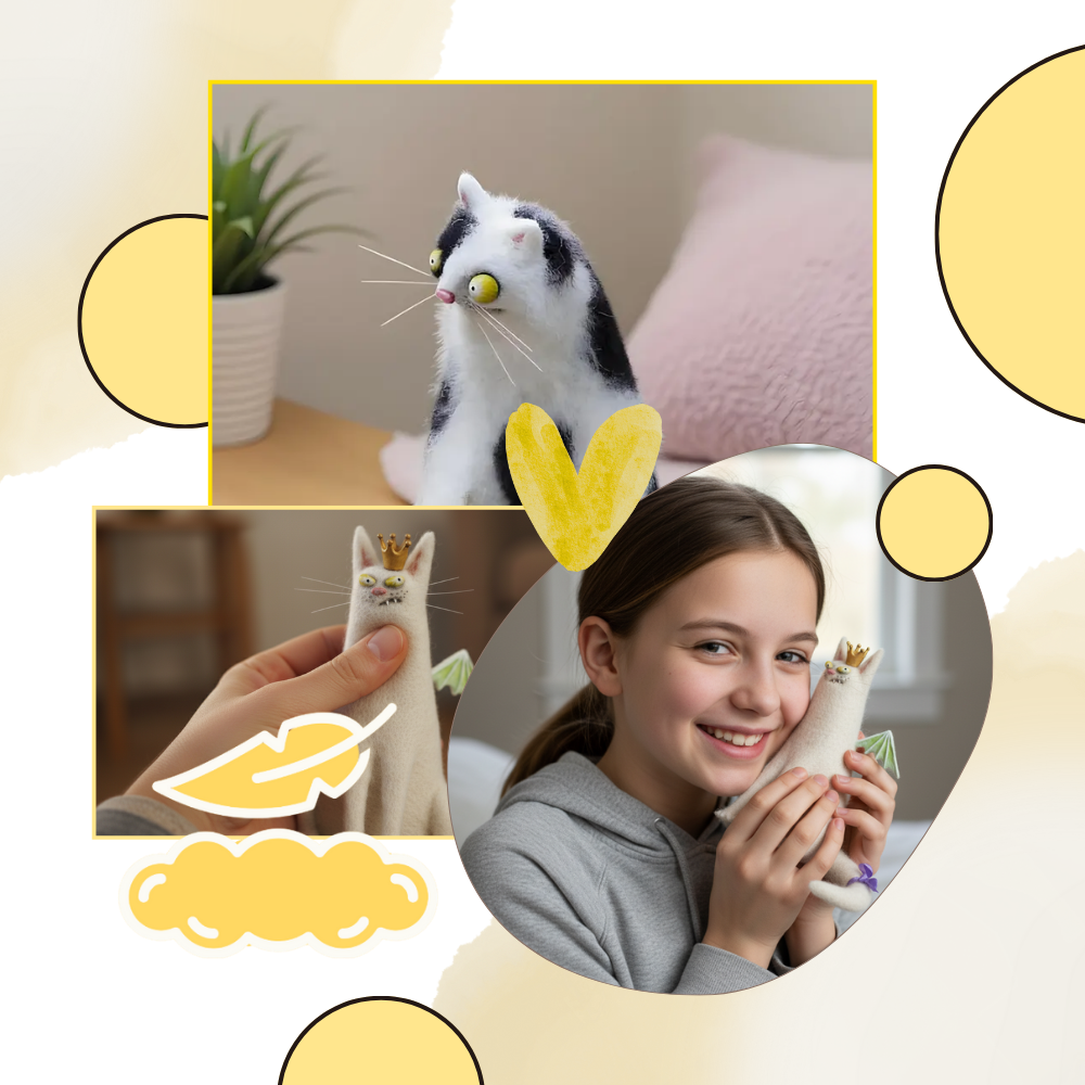 Boneco de pelúcia divertido e desalinhado de gato, fofinho e espiçoso, da marca Yiji, ideal para decoração divertida.