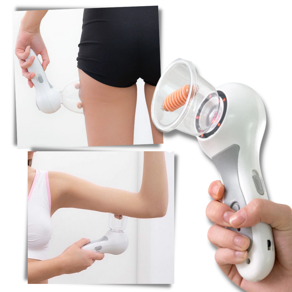 Dispositivo portátil de aspiração de celulite Fuzecheng para massagem e relaxamento, mostrando o aparelho em uso.