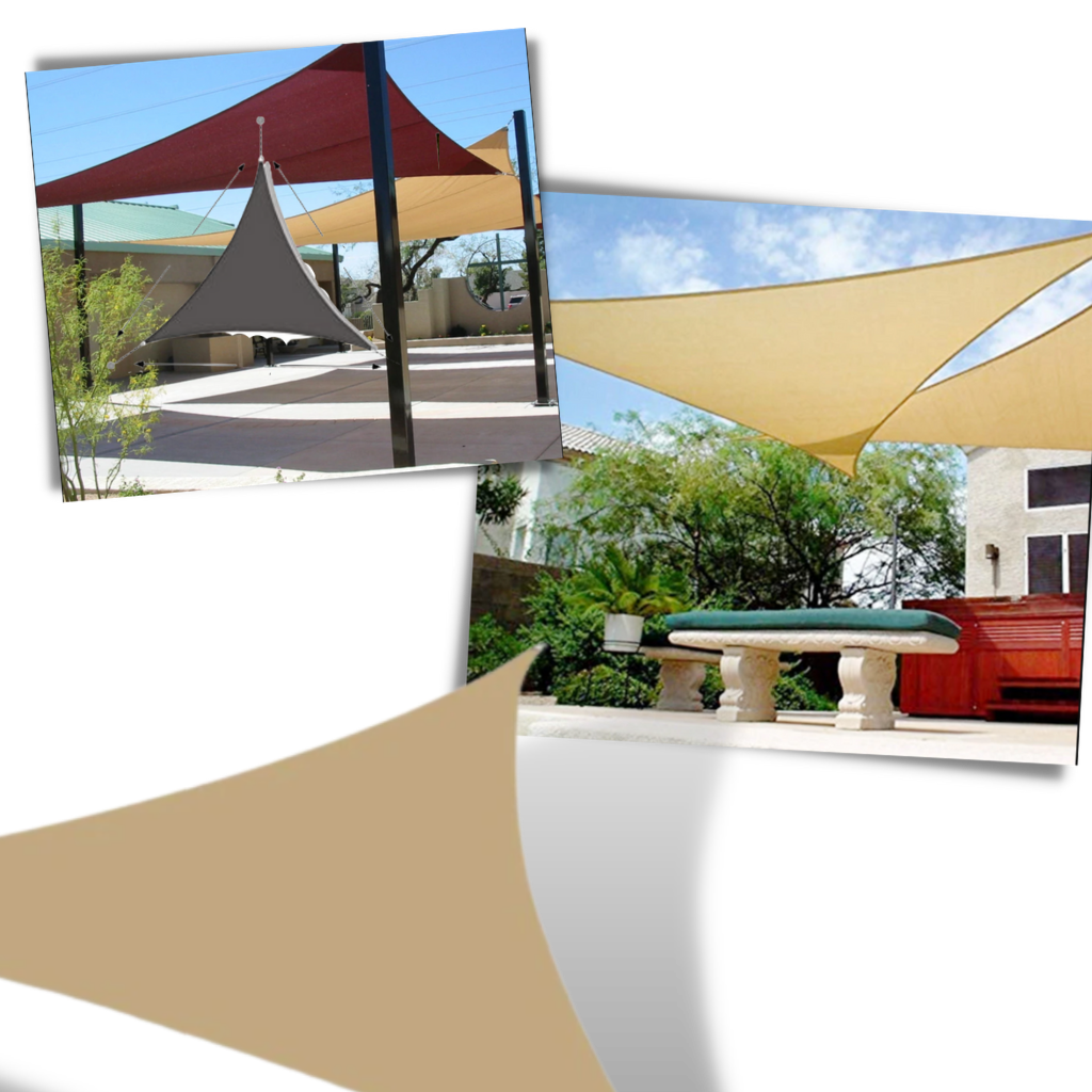 Toldo triangular de voile d'ombrage da Gear Mechanical, resistente à água, para proteção em áreas de lazer ao ar livre.