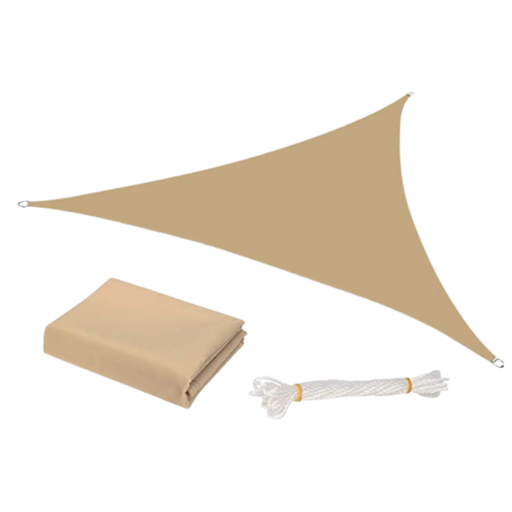 Sombrinha triangular de voile d'ombrage cinza resistente à água para uso externo, marca Gear Mechanical, sob luz natural.