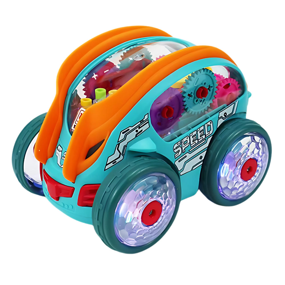 Carrinho de brinquedo Speedlite movido a engrenagem da marca Exssary, brinquedo de atividade com detalhes coloridos e rodas.