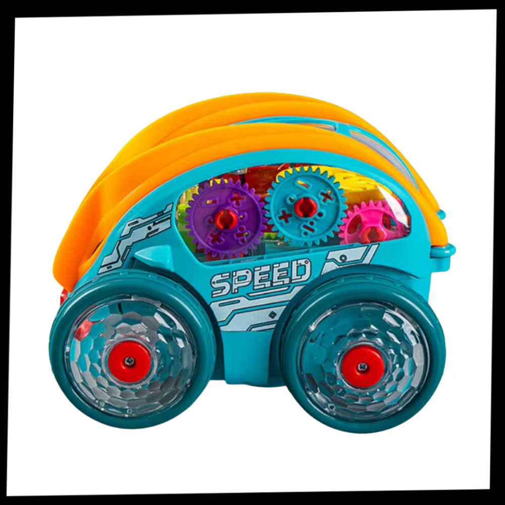 Carrinho de brinquedo Speedlite acionado por engrenagens, brinquedo de atividade da marca Exssary, com detalhes coloridos e rodas.
