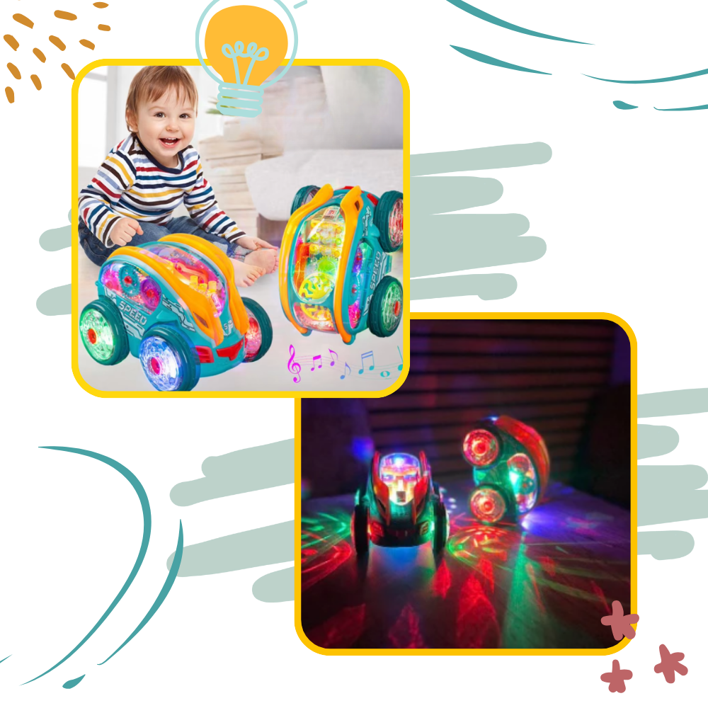 Carrinho de brinquedo Speedlite movido a engrenagem, brinquedo de atividade sensorial da marca Exssary com detalhes coloridos.