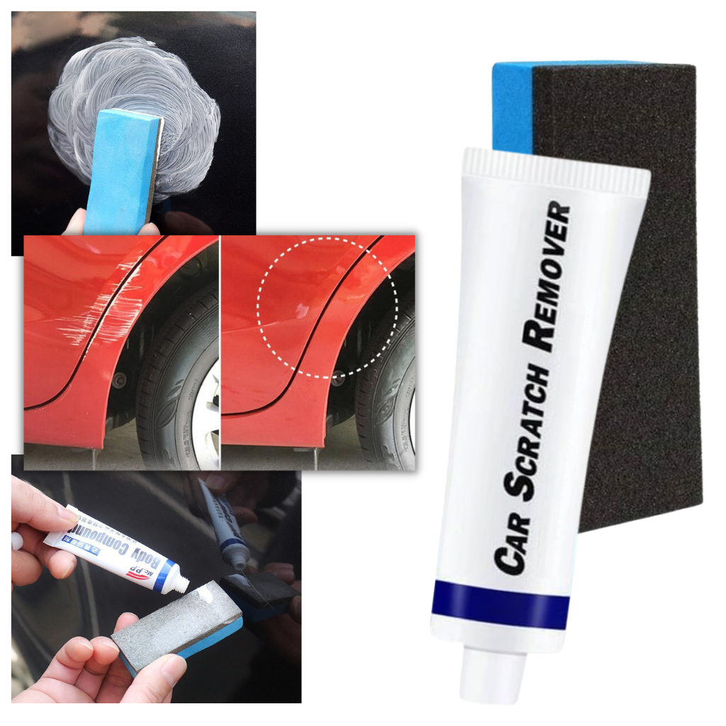 Kit de reparação de arranhões para carro da Geartronics, incluindo ferramentas e produtos para acabamento e proteção da pintura.