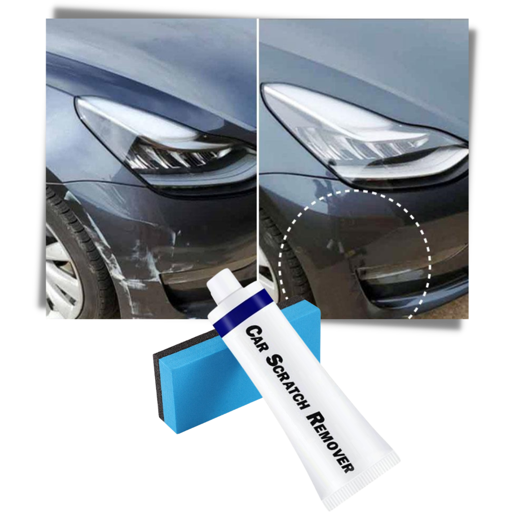 Kit de reparação de riscos para carro da Geartronics, incluindo ferramentas e produtos para consertar arranhões na pintura.