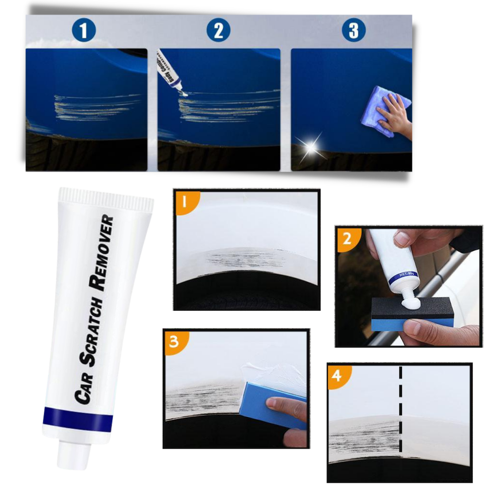 Kit de reparação de arranhões para carro da Geartronics, com ferramentas e produtos para eliminar riscos na pintura.