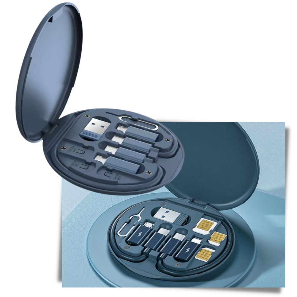 Organizador multifuncional para cabos de gadgets eletrônicos, em cor preta, com compartimentos para armazenamento eficiente.