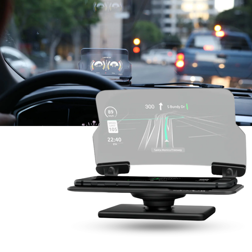 Sistema HUD eletrônico para carro da marca Genérico exibindo projeção de velocidade no painel do veículo