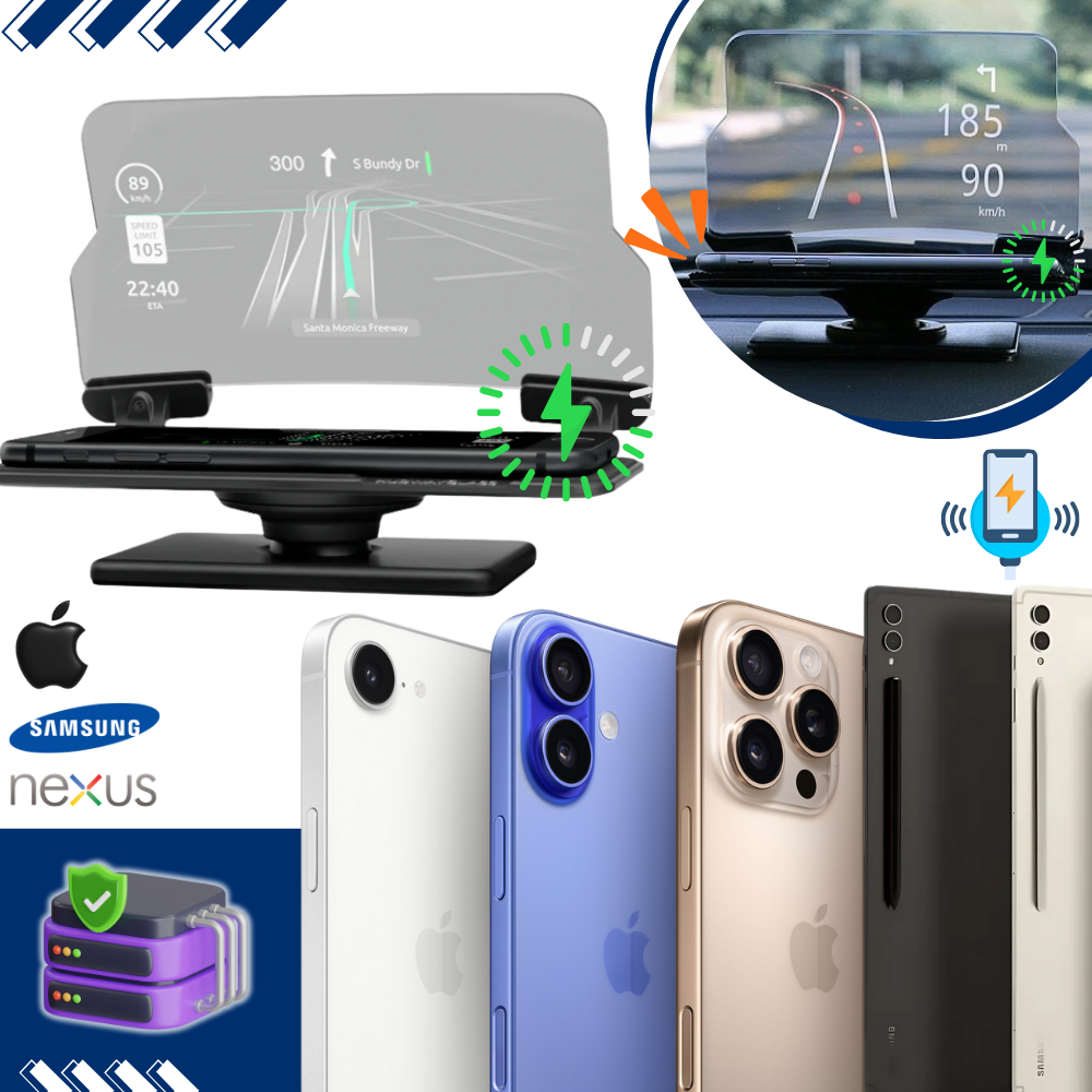 Sistema HUD eletrônico para carro, display projetado para veículos, mostrando informações de direção e velocidade no para-brisa.