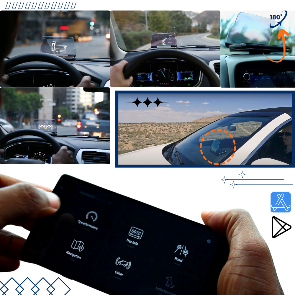 Sistema HUD eletrônico para carro da marca Generic, exibe informações de direção e velocidade no para-brisa do veículo.