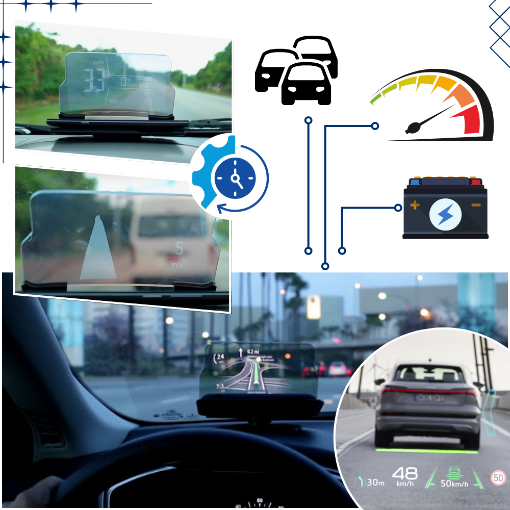 Sistema HUD para carro eletrônico da marca Generic, exibe informações no para-brisa do veículo.