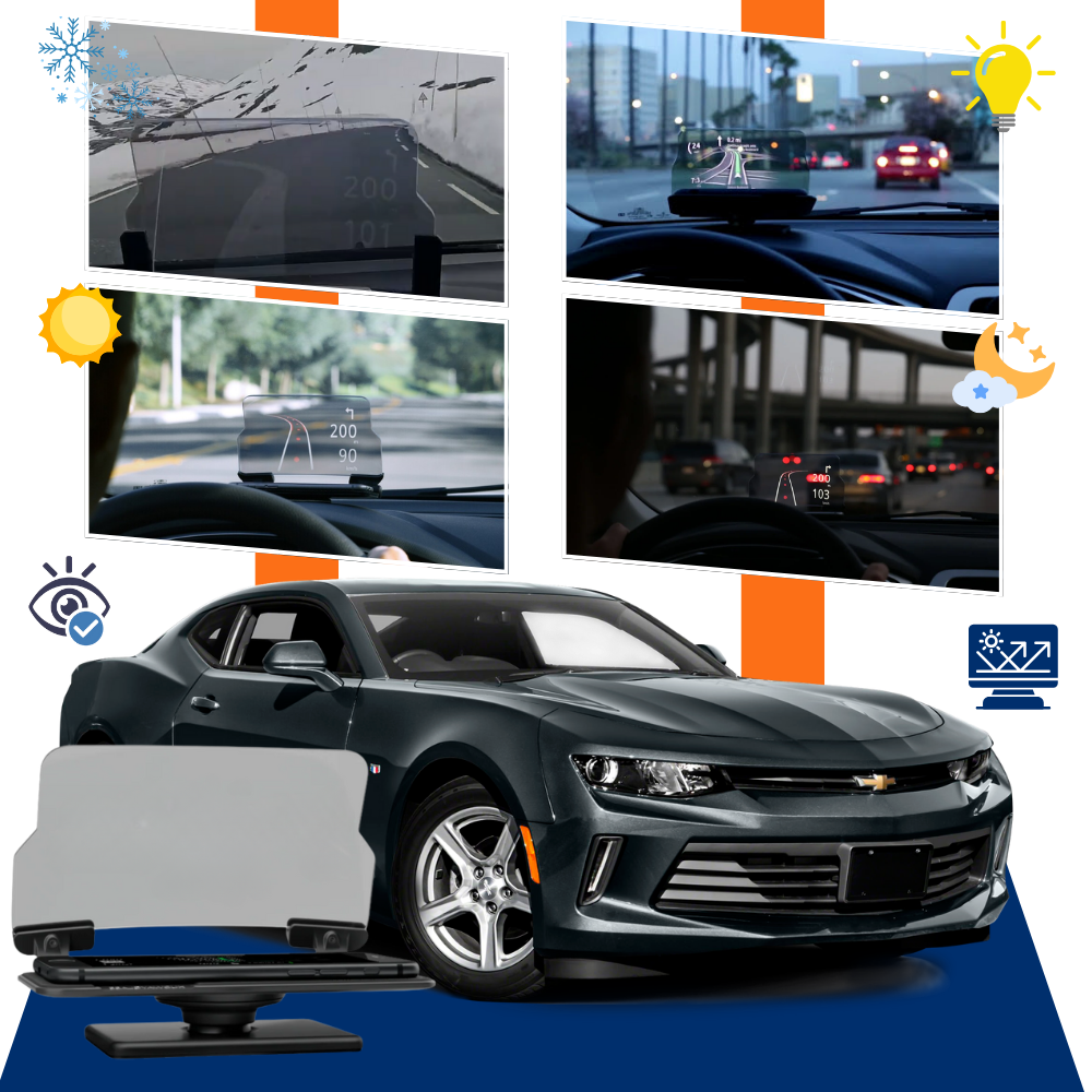 Sistema HUD eletrônico para carro, visor projetor para veículos, marca genérica, exibindo informações no para-brisa.