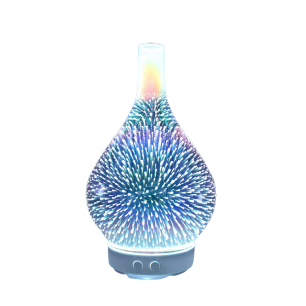 Diffuseur d'huiles essentielles en forme de vase avec motif de feux d'artifice, parfait pour parfums d'intérieur.